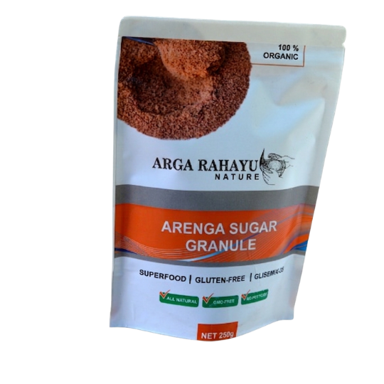 Front view of coconut sugar resealable pouch 250 gram packaging