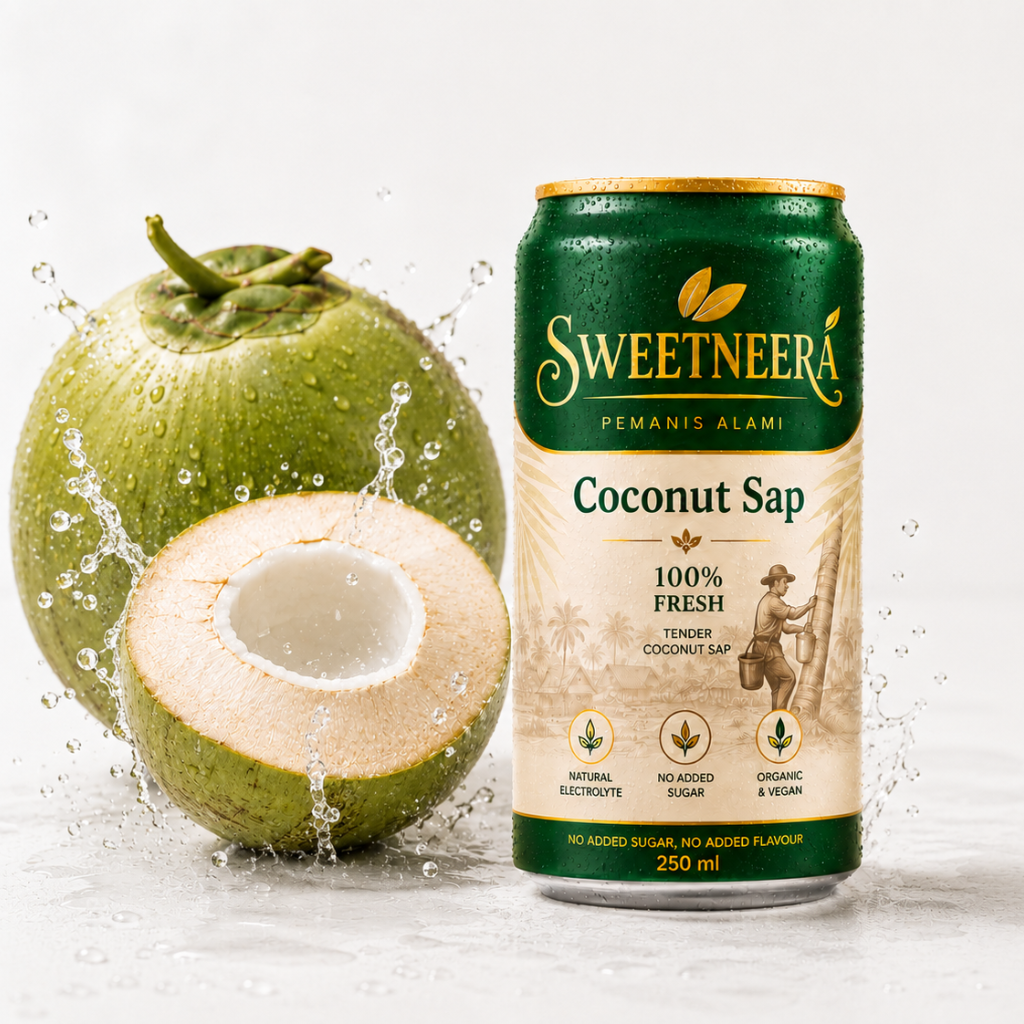 Original palm sugar and pure coconut sugar in a practical 10 gram sachet packaging, clean white with fine texture, perfect for coffee, tea, and cakes.